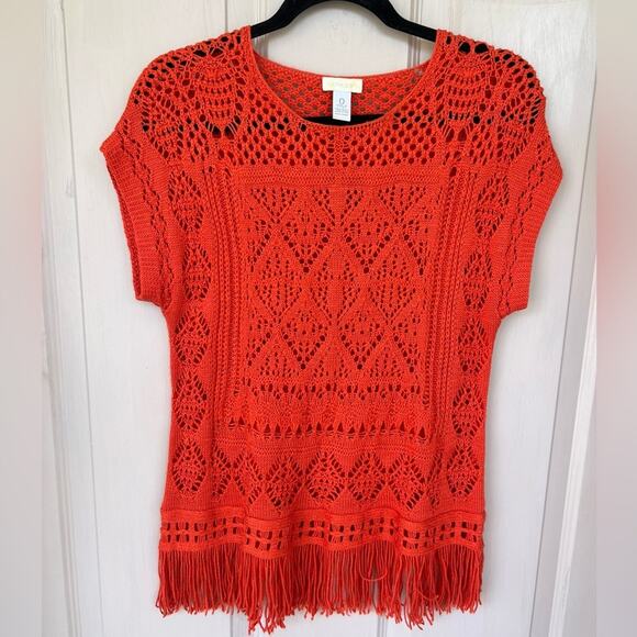 Chico’s Crochet Sweater Orange Top with Fringe | Size 0 (XS) - Picture 1 of 6